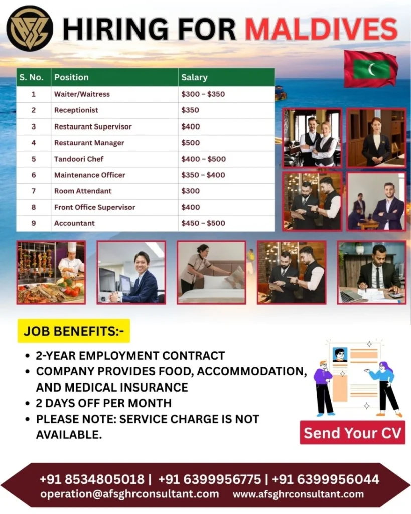 Hiring for Maldives jobs in hospitality – waiter, chef, receptionist, supervisor, accountant