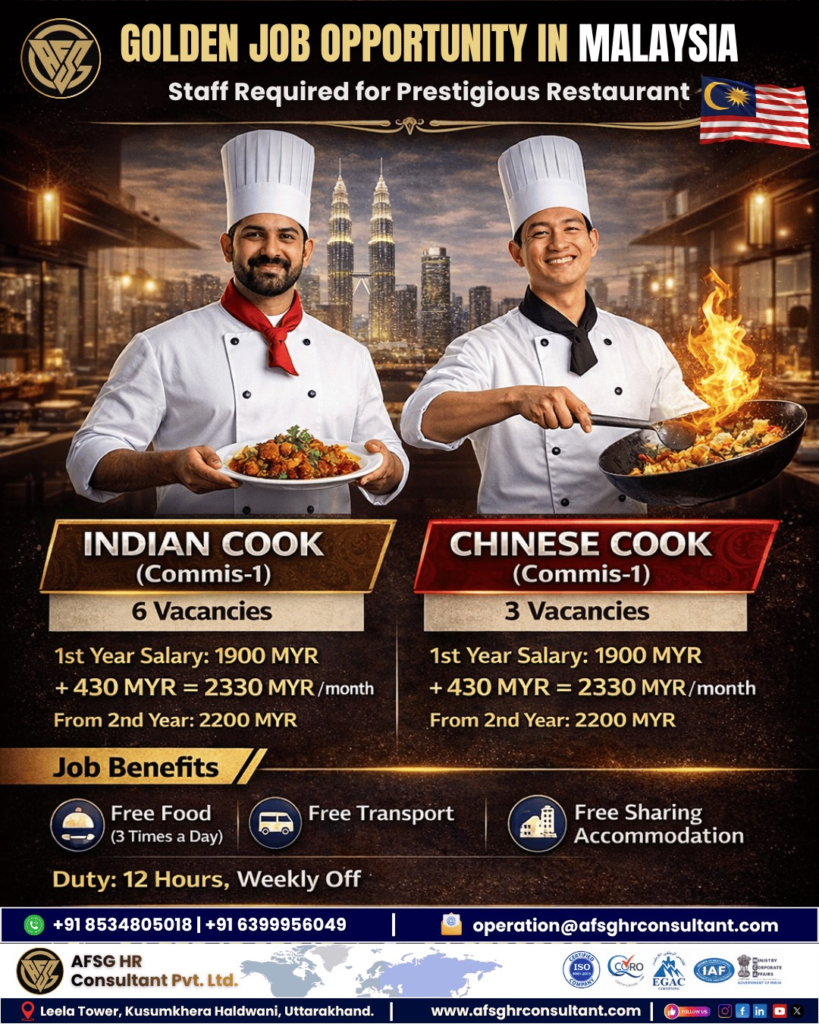 restaurant jobs in Malaysia for Indian cooks